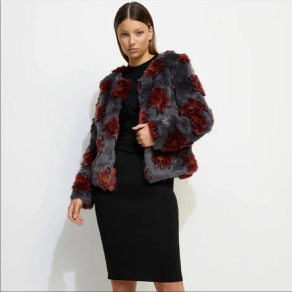 Unreal Fur Moon Flower Boho Gray 3D Red Lotus Print Faux Fur Coat - Picture 2 of 6